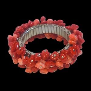 Vintage Cha Cha Bracelet Red Pink Faux Coral Acrylic Beads Stretch Bracelet